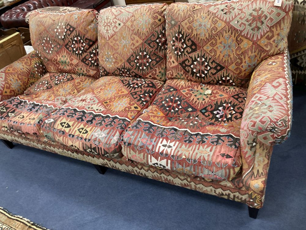 A George Smith kelim upholstered three seater settee, width 210cm depth 110cm height 88cm